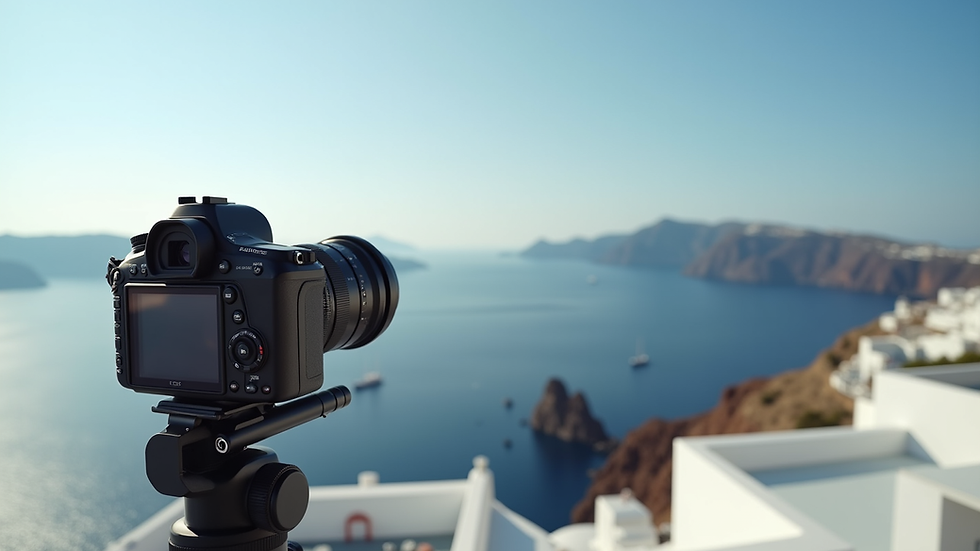 Eye-level view of a luxury camera set up overlooking Santorini’s caldera