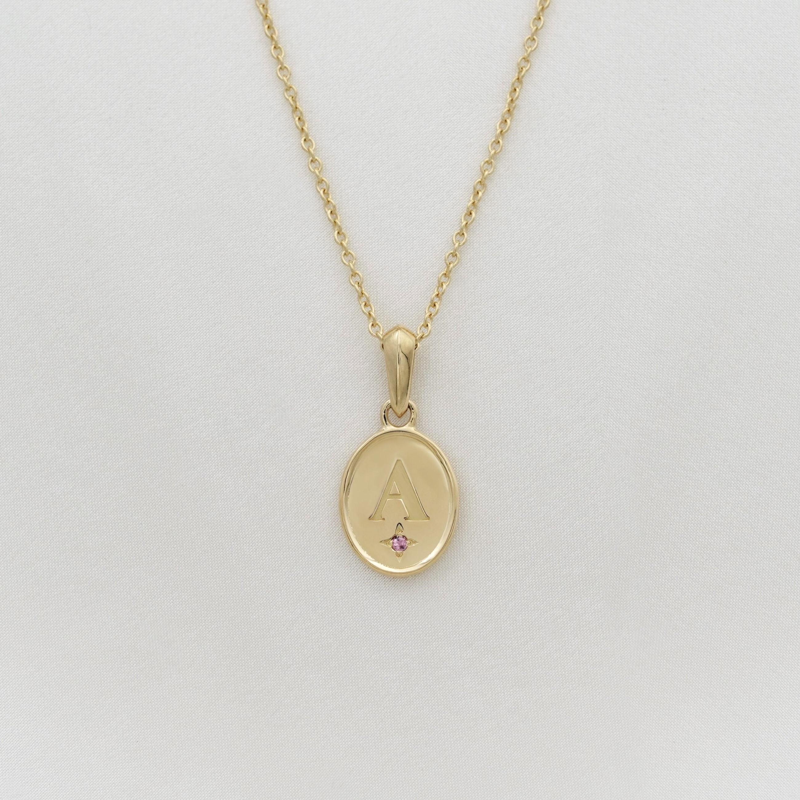 Insignia Coin Necklace Alphabet Letter A Pink Tourmaline Cohar Jewellery