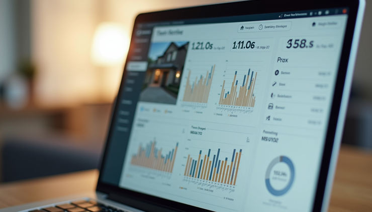 Eye-level view of a laptop screen showing a virtual real estate deal dashboard