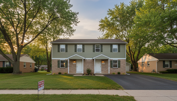 Wide-angle view of a small rental duplex with a for sale sign near the sidewalk