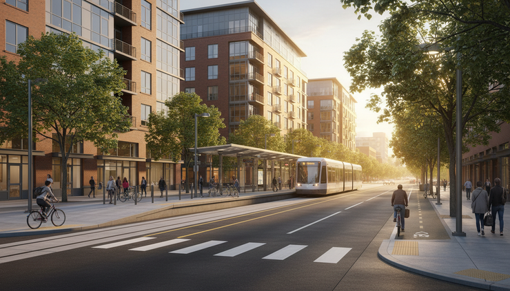 Eye-level view of a new light rail station beside apartment buildings and street trees