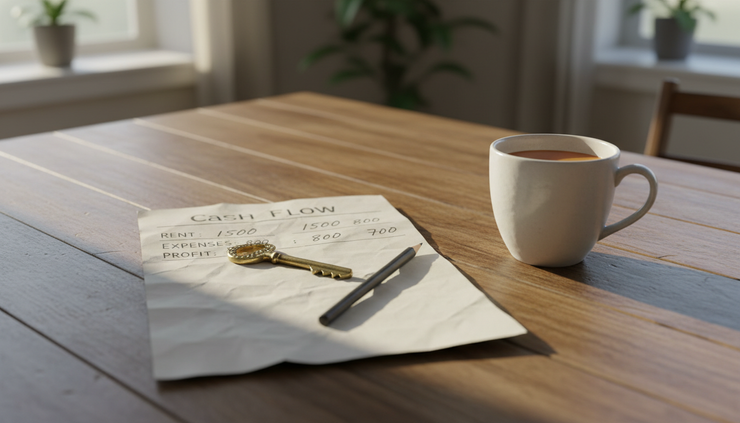 Overhead view of a property key beside a cash flow worksheet and a cup of coffee on a dining table