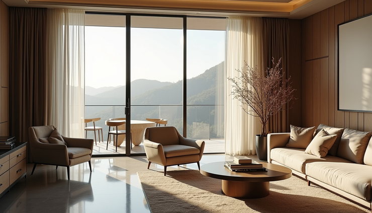 High angle view of a luxury home interior with elegant furnishings and large windows