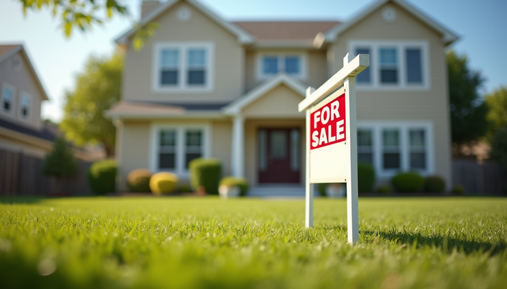 Eye-level view of a residential property with a "For Sale" sign in front yard