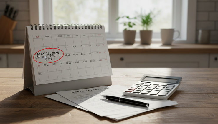 Close-up view of a handwritten loan maturity calendar beside a calculator on a kitchen table