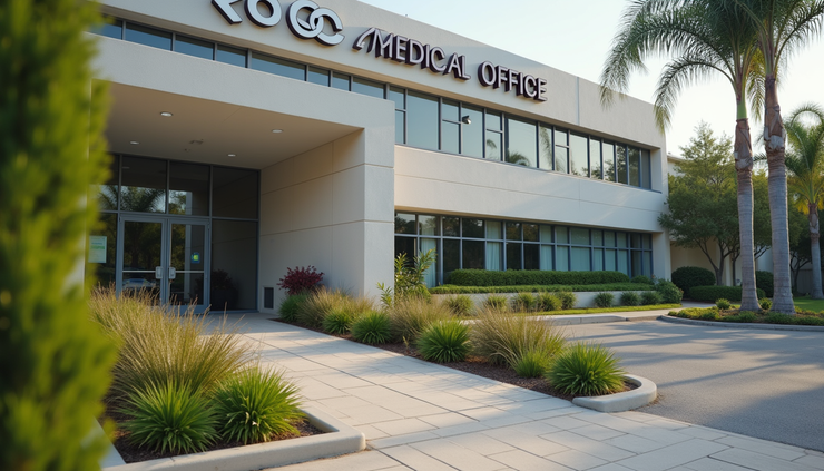 Close-up view of a medical office building entrance with clear signage and landscaping