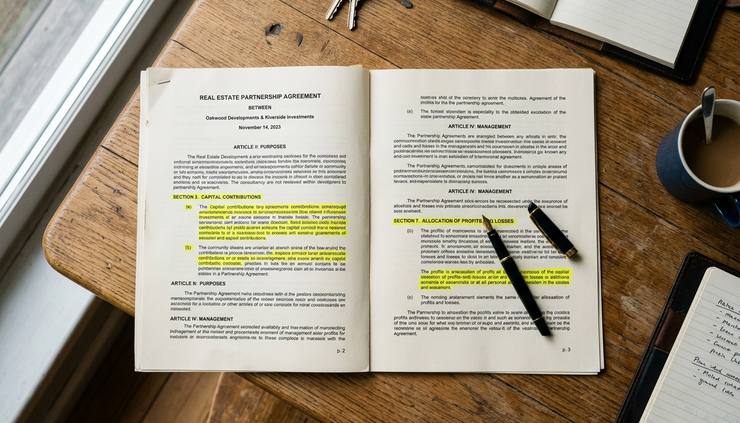 Overhead view of a marked partnership agreement on a wooden kitchen table