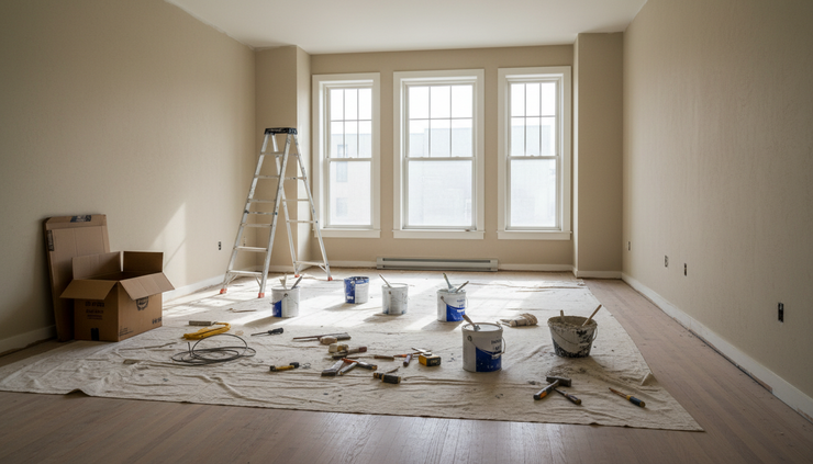 Eye-level view of a vacant apartment unit with renovation tools and paint cans on the floor