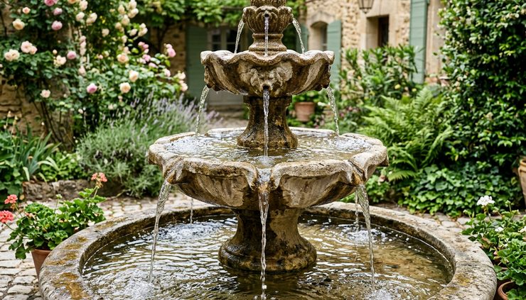 Close-up view of a tiered stone fountain with water flowing between levels