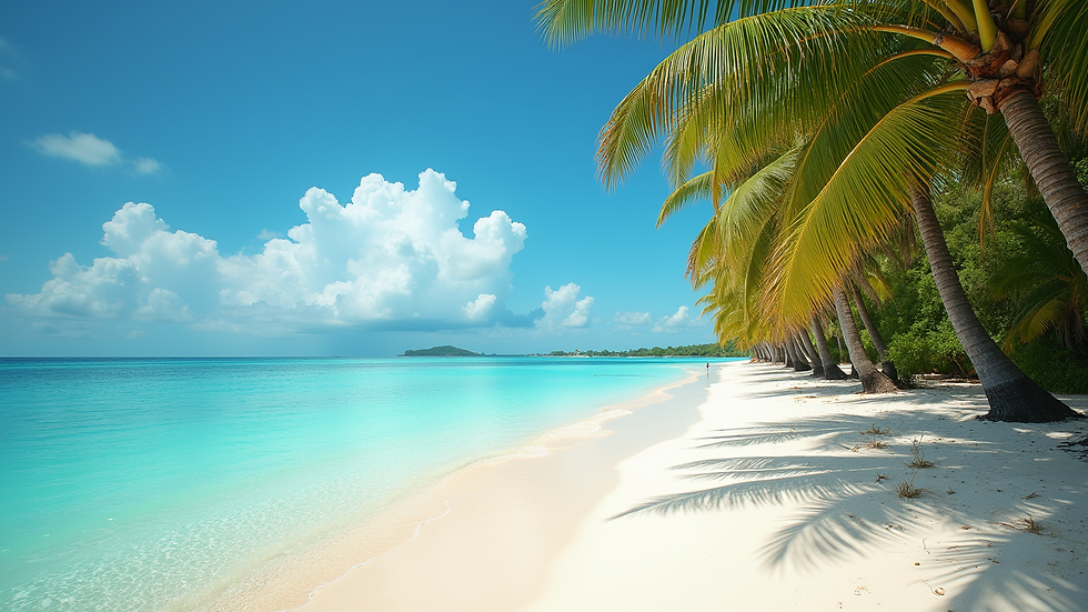 Eye-level view of a tropical beach with turquoise water and palm trees