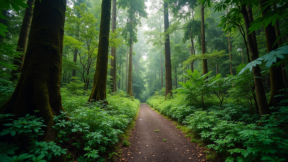 Wide angle view of a lush rainforest trail with towering trees