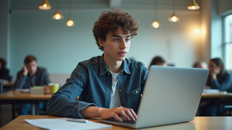 Eye-level view of a student coding on a laptop in a modern classroom