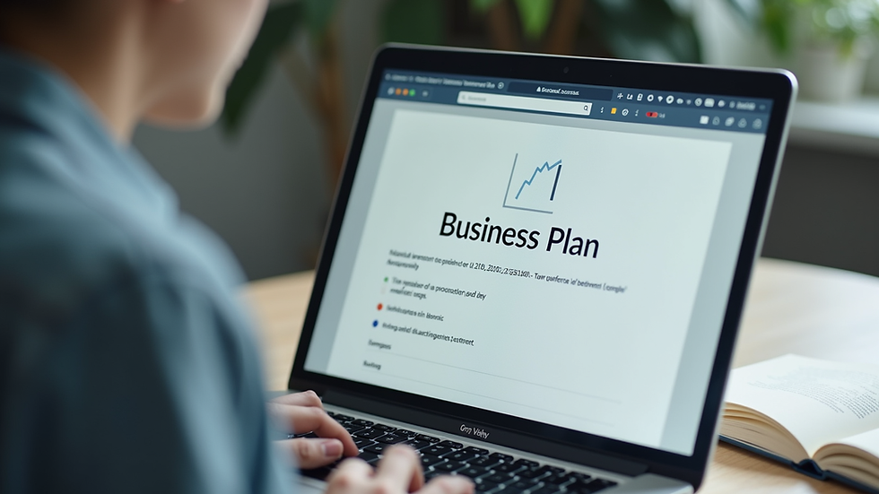 Close-up view of a laptop screen showing a business plan document