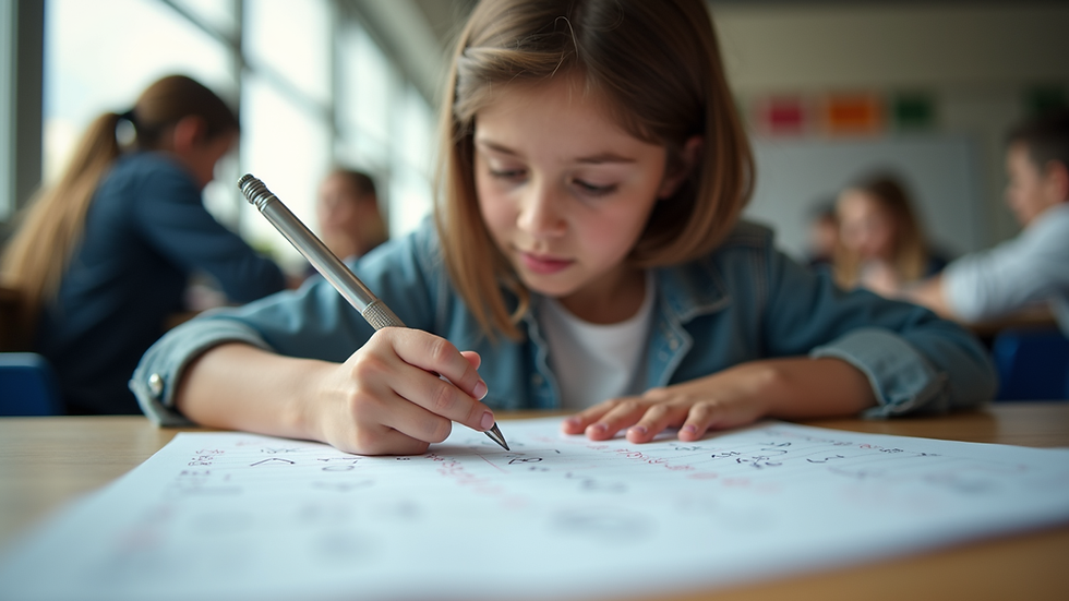 Eye-level view of a student solving math problems on paper