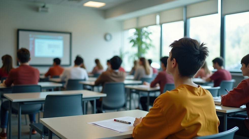Wide angle view of a modern classroom with students studying
