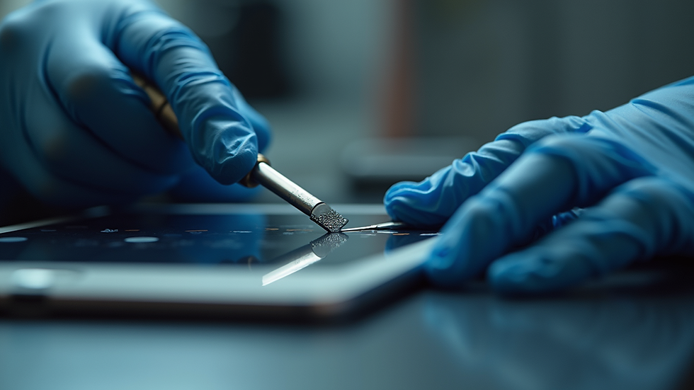 Close-up view of a technician repairing an iPad screen