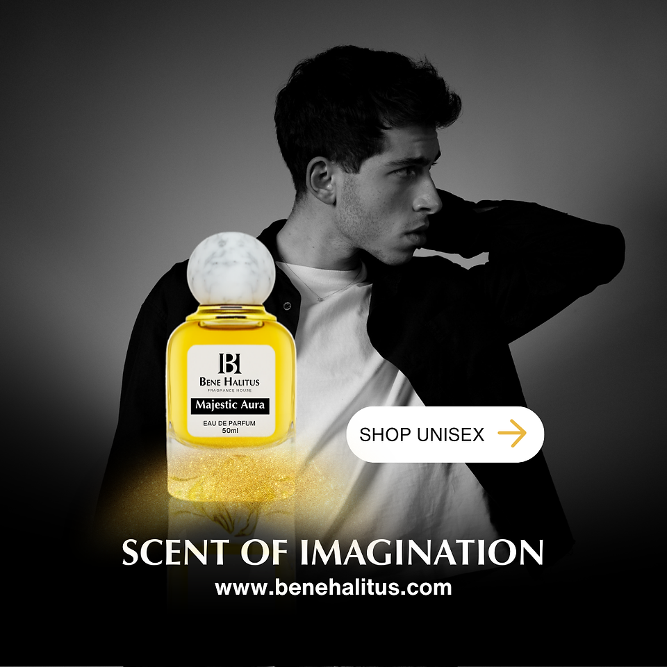 Majestic Aura inspired Scent of Imagination - Male Model pausing next to a Bene Halitus Bottle. affordable perfume dupe inspired by Imagination.