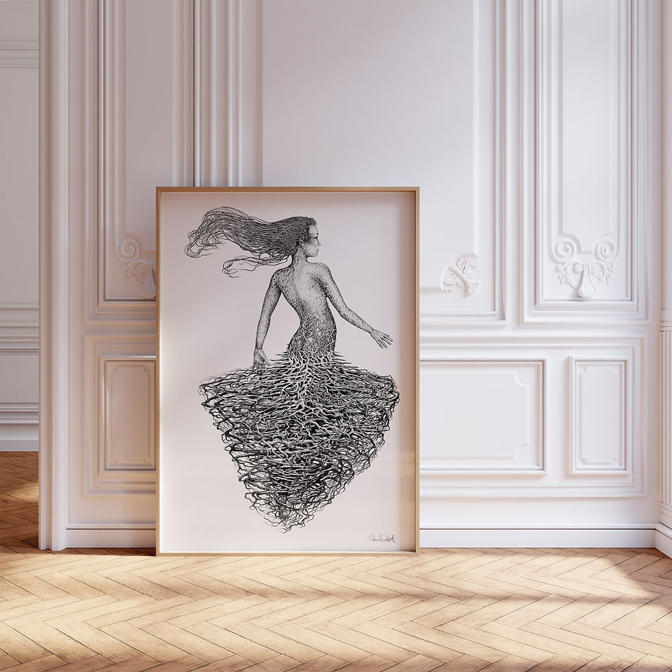 Thumbnail: Surreal painting of a woman with a flowing script dress.