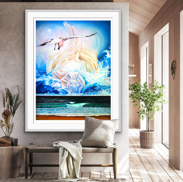 Surreal seascape with floating shell and rainbow, blending dreamlike atmosphere and mythical storytelling – fine art by Carmen Delprat.