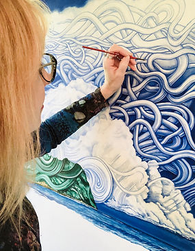 Carmen Delprat painting in oils her surreal coastal landscape