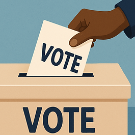Cover of the DCDP 2025 Voters Guide, featuring a blue and white design with bold text and a ballot box graphic, promoting voter information for the upcoming election.