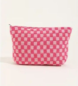 Travel Checker Makeup Cosmetic Pouch Bag - Hot Pink