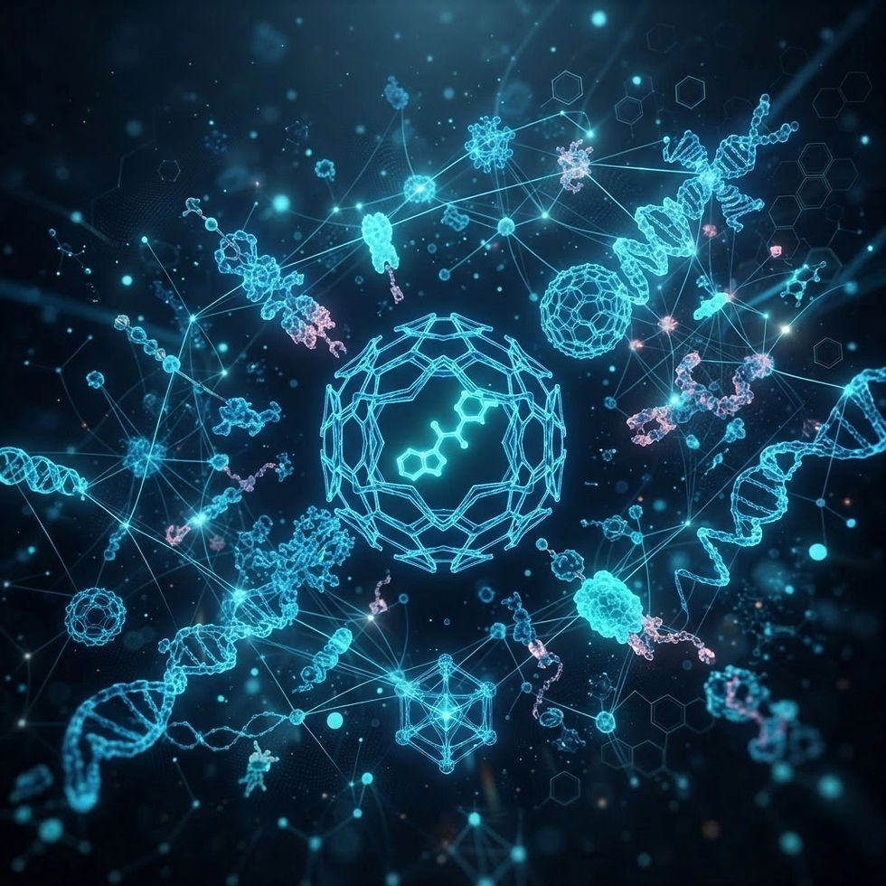 “Futuristic scientific background with glowing fluorescent molecules, supramolecular struc