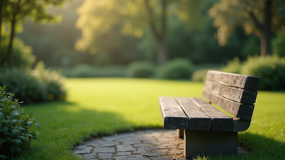 Close-up view of a serene garden with a meditation bench