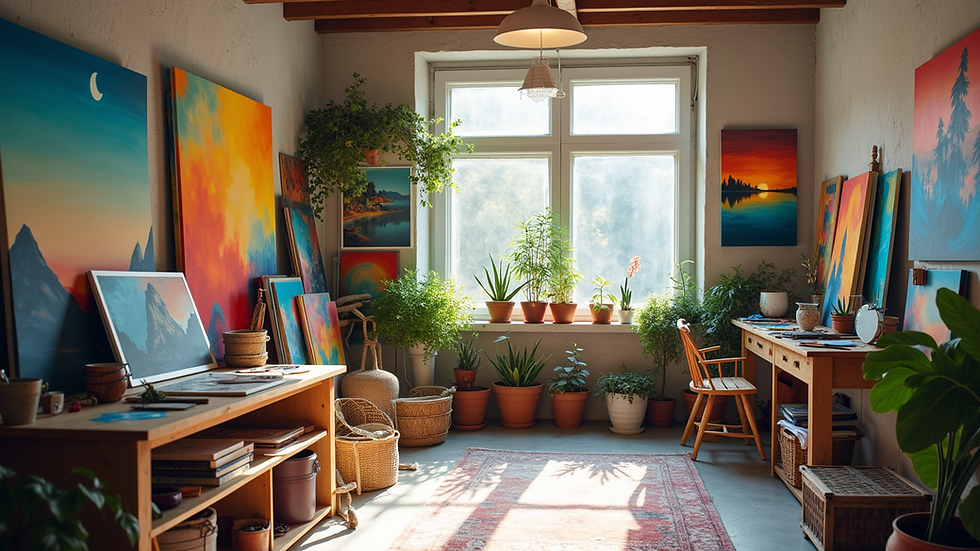 Eye-level view of a vibrant art studio filled with colorful paintings