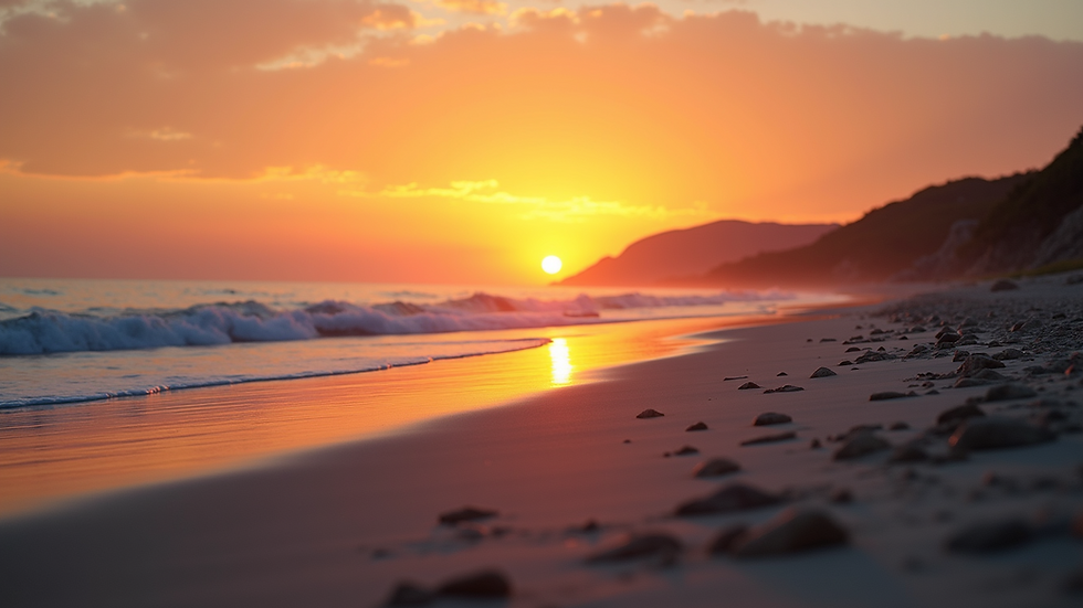 Eye-level view of a vibrant sunset over a calm beach
