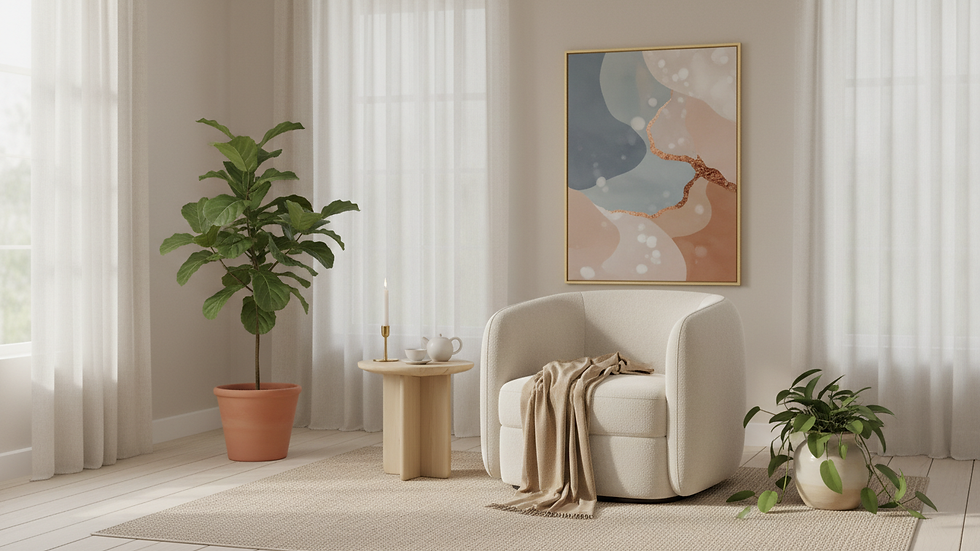Eye-level view of a serene room with soft lighting and a comfortable chair