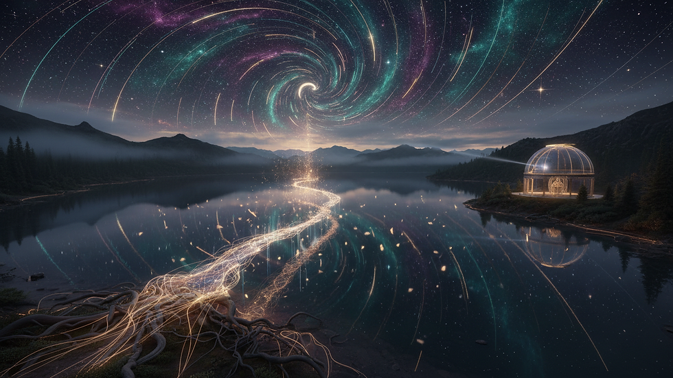 High angle view of a night sky filled with stars over a quiet lake