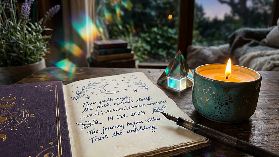 Close-up view of a journal and pen beside a glowing candle