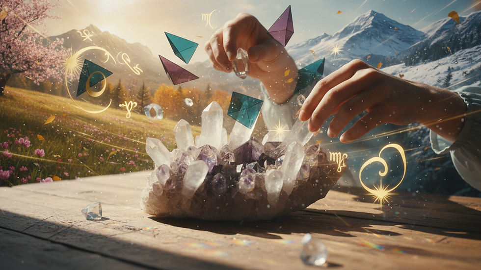 Close-up view of a crystal cluster on a wooden table with soft natural light