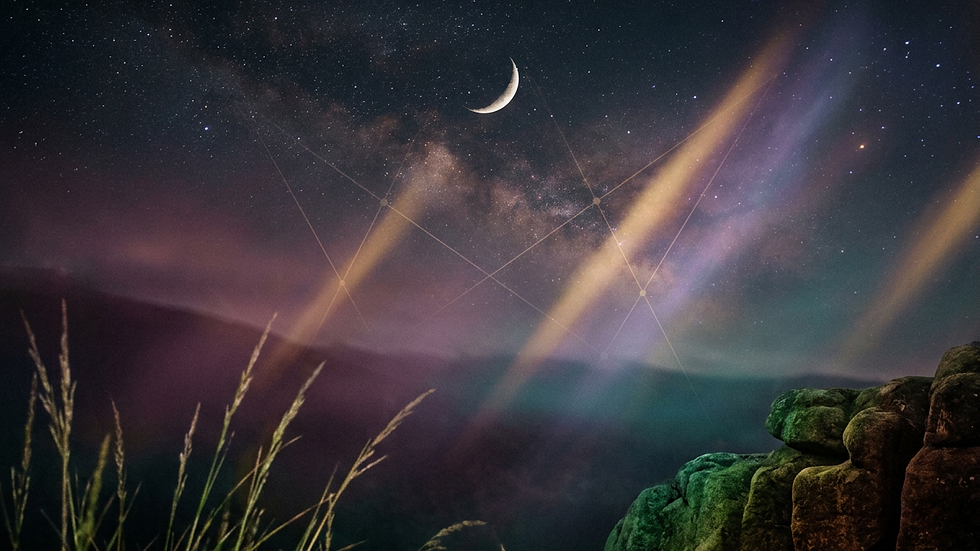 Close-up of a night sky with visible stars and a crescent moon