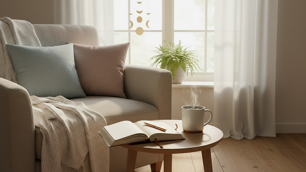 Eye-level view of a cozy corner with a journal and a cup of tea