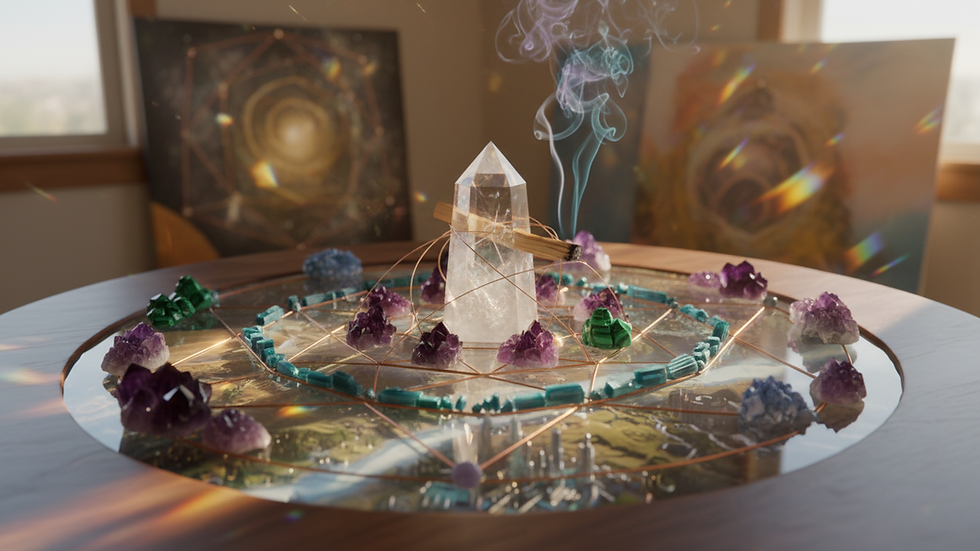 Eye-level view of a crystal grid arranged on a wooden table