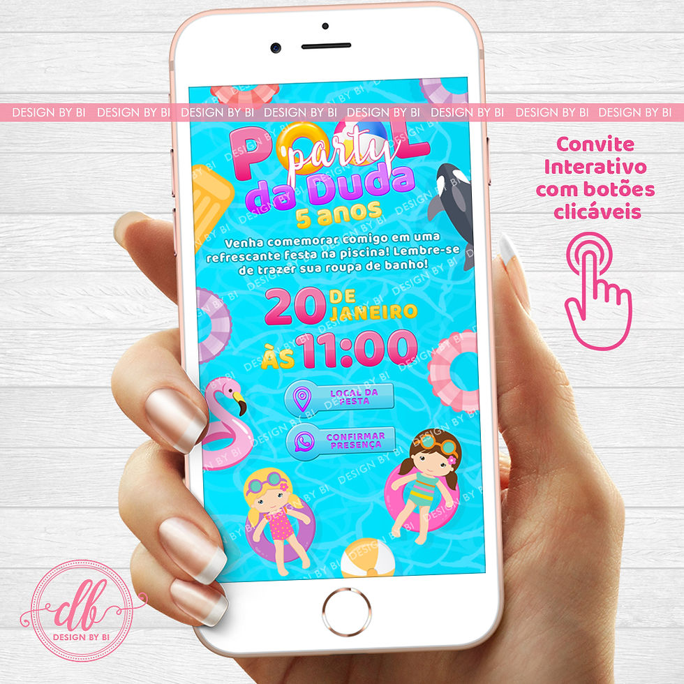 Convite Festa na Piscina Pool Party Menina Virtual Interativo Whatsapp