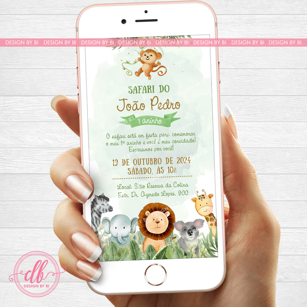 Convite Safari Selva Aquarela Menino Virtual Digital