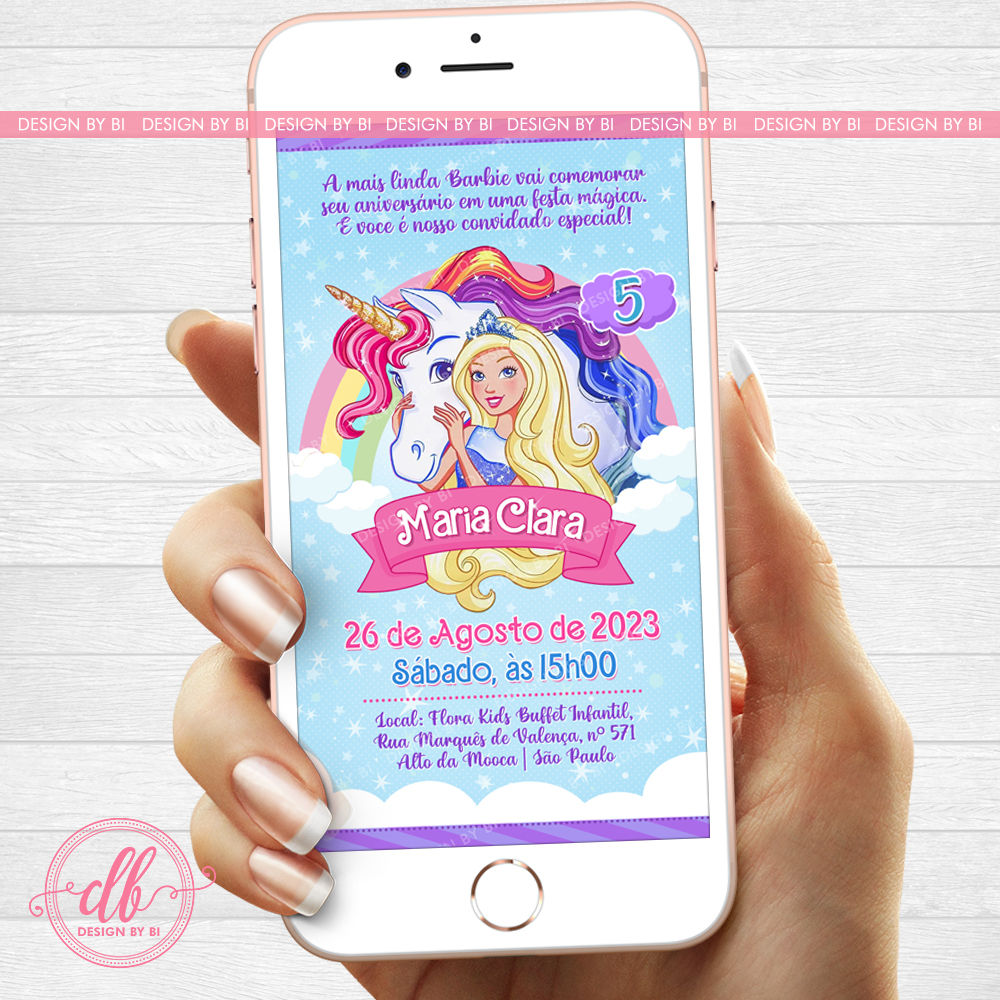 Convite Barbie Unicórnio Digital Virtual Whatsapp