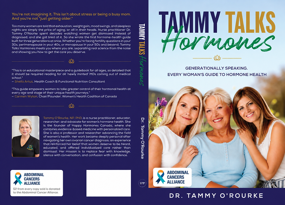 Book cover for Tammy Talks Hormones with three smiling women, Abdominal Cancers Alliance logo, and purple-blue background.