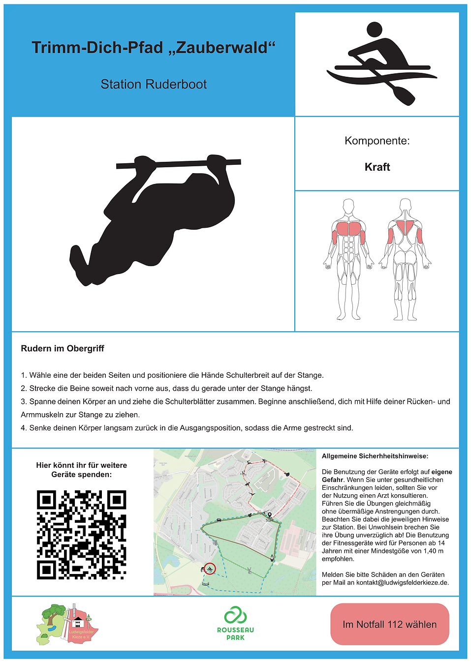 Stationsschild Ruderboot, mit einem gezeigten Liegezug. Darunter sind Anweisungen zum Rudern im Obergriff und allgemeine Hinweise zur Gerätespende und Sicherheitsheitshinweise