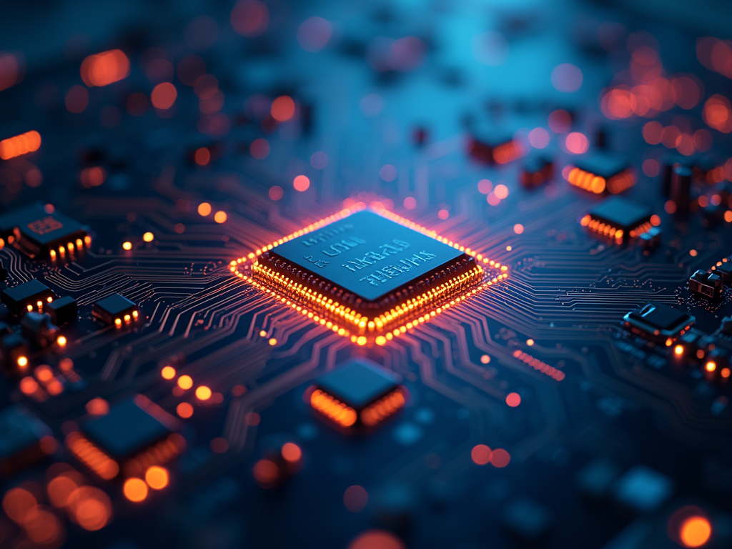 A glowing blue digital circuit board illustrating complex microprocessors and information flow.