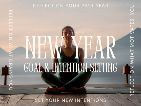 Elisha seated in a cross-legged meditation pose on a wooden deck at sunrise with mountains in the background, overlaid with text reading “New Year Goal & Intention Setting” and prompts to reflect on the past year and set new intentions.