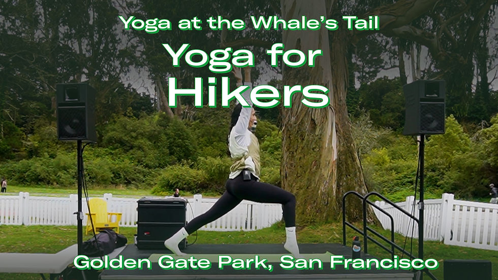 Yoga teacher practicing High Lunge with Ankle Lifts during an outdoor yoga class for hikers at the Whale's Tail in Golden Gate Park, San Francisco.