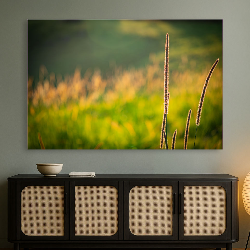 Metallic glass print hanging on the wall above a sideboard, showing glowing grass seed heads