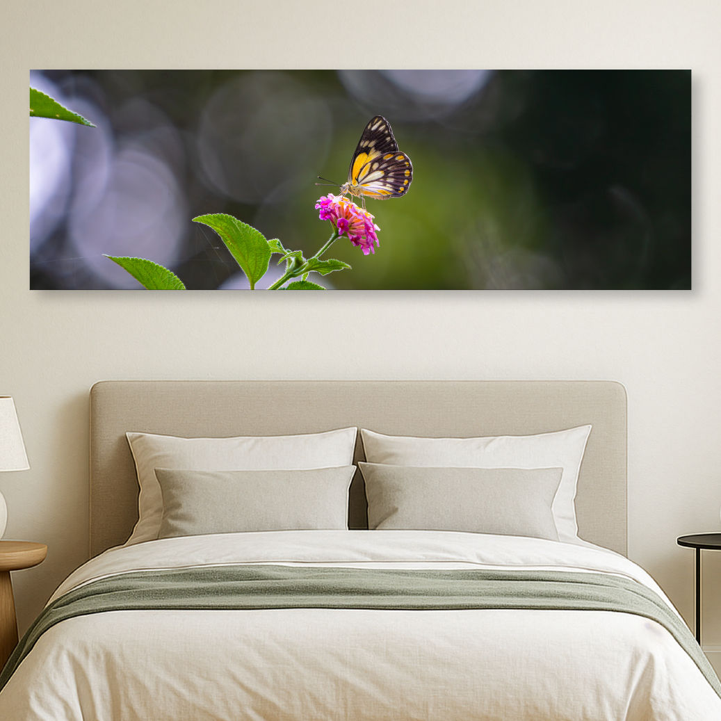Metallic glass print hanging on the wall above a bed, showing a Caper White Butterfly on Lantana