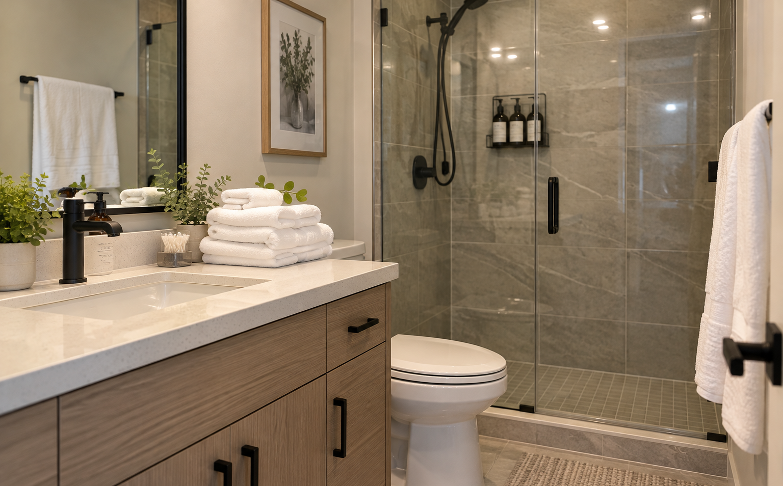 Clean Airbnb bathroom with neatly folded white towels, stocked toiletries, modern shower, and spotless vanity, prepared for arriving guests.