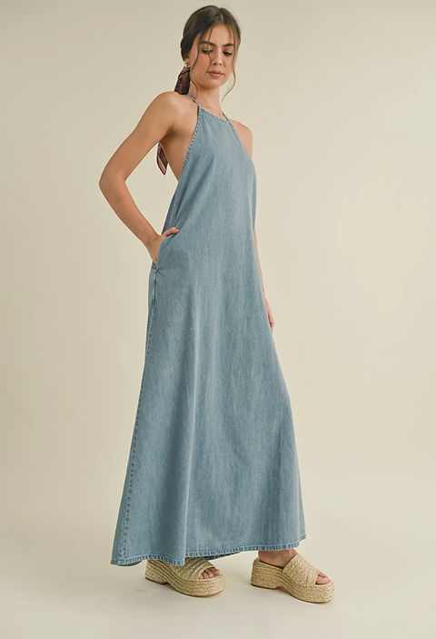 Open back maxi denim dress with pockets | creamnewburghnew Open back maxi denim dress with pockets | creamnewburghnew