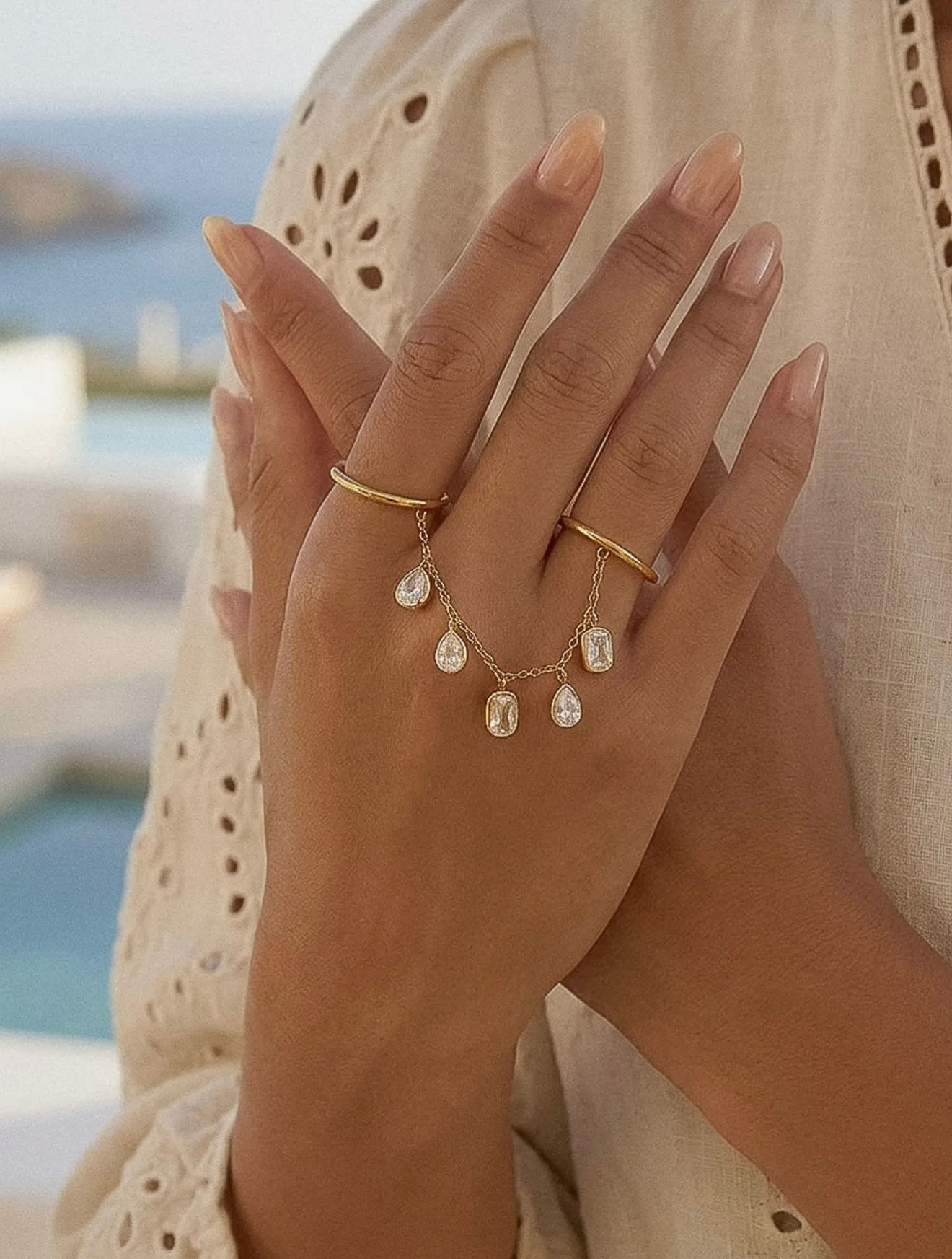 18K Gold Non-Tarnish Cz Dangle Circle Drop Ring 